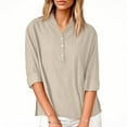 thumbnail image 4 of WTOBBY Women's V-Neck Button Down Casual Shirt, Solid Color Long Sleeve Split Hem Blouse Top, Cotton Linen Blend Lightweight Fabric for Daily Wear,Beige L, 4 of 6