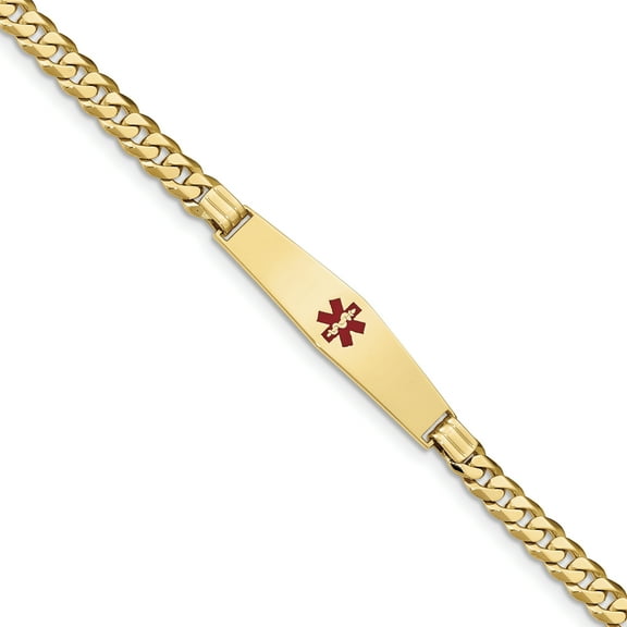 14K Yellow Gold Medical Soft Diamond Shape Red Enamel Curb Link ID Bracecet