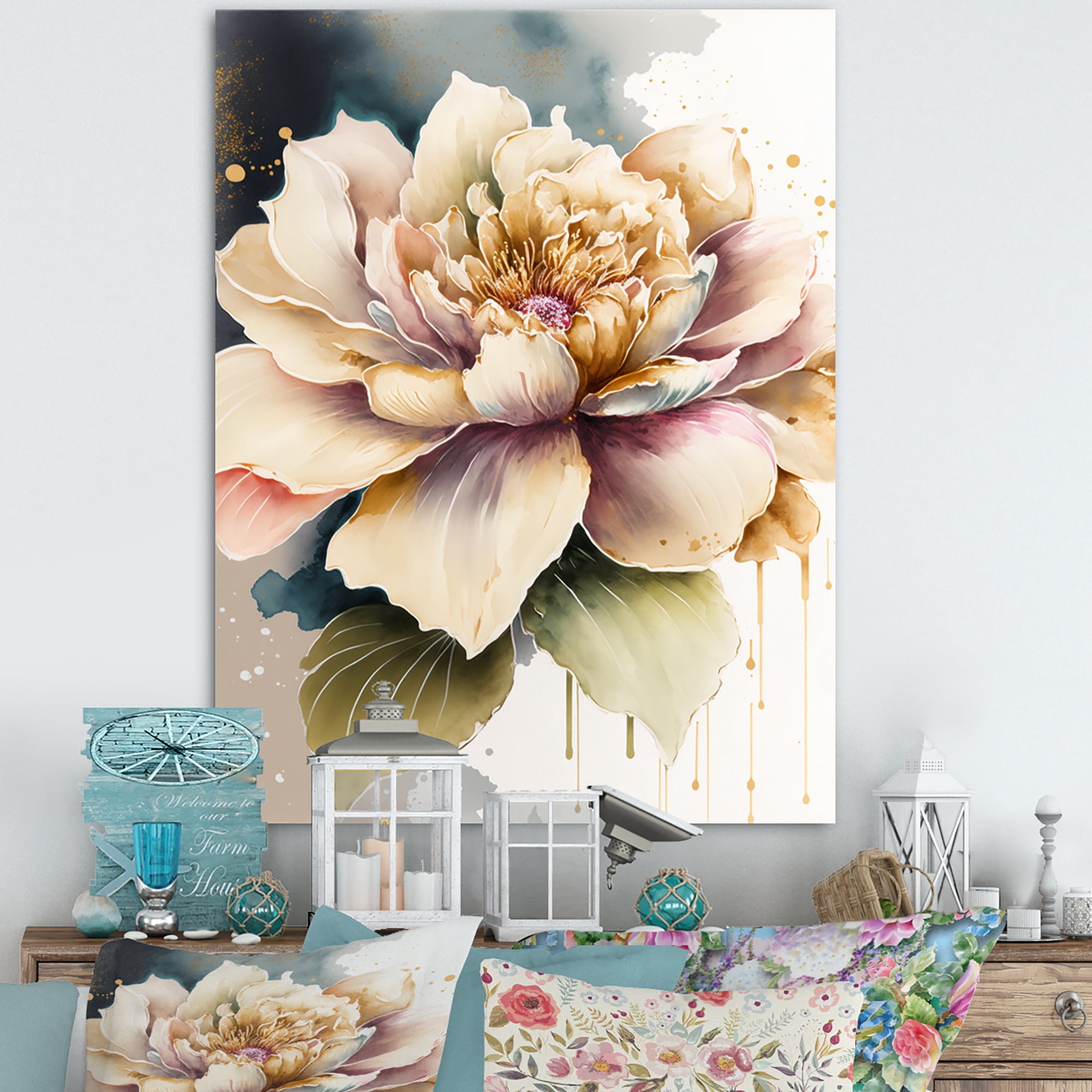 Designart Pink And Cream Watercolor Flower V Canvas Wall Art
