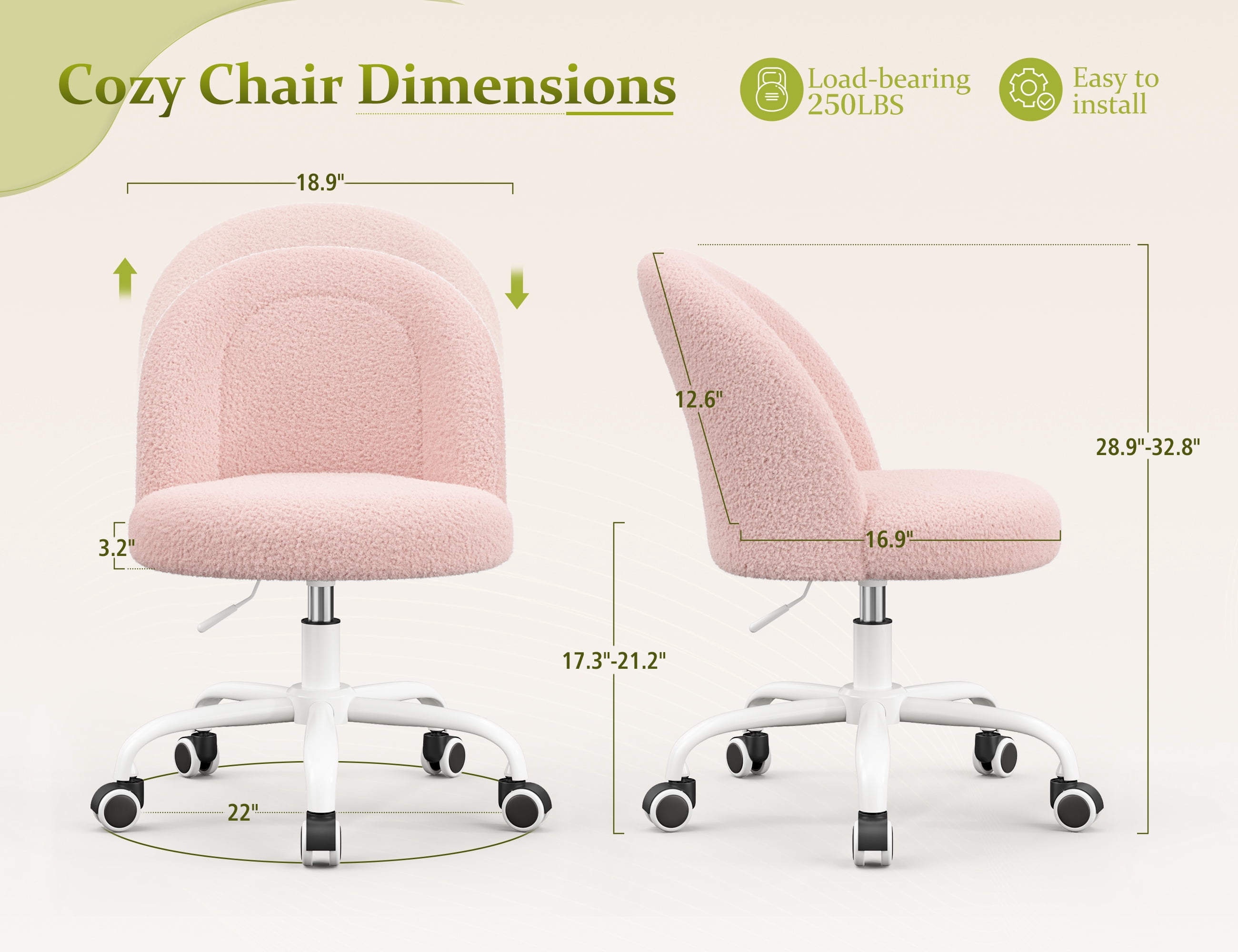 Romorgniz Vanity Chair Height Adjustable Desk Chair with Wheels, Armless Office Chair with Soft Lumbar Support for Small Space, Bedroom, Home office, Blush Pink