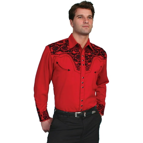 Scully P-634-RED-XS Floral Tooled Embroidery Mens Western Shirt, Red - Extra Small