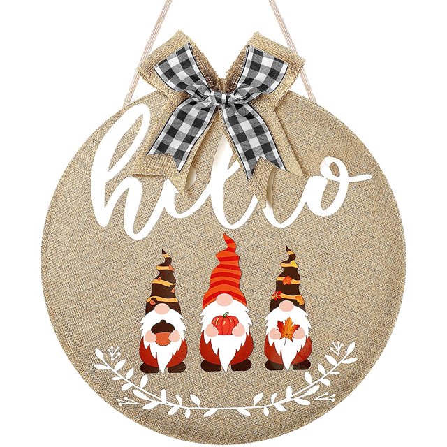 Rustic Hello Sign Fall Gnome Front Door Hanger Round Burlap Autumn Gnome Sign Welcome Sign for Farmhouse Porch Autumn Front Door Decoration