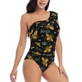 thumbnail image 3 of Easygdp Hohey Bee Golden Embroidery Women's One Shoulder Ruffle Monokini Bathing Suits with Removable Chest Pad, Quick Drying - Small, 3 of 8