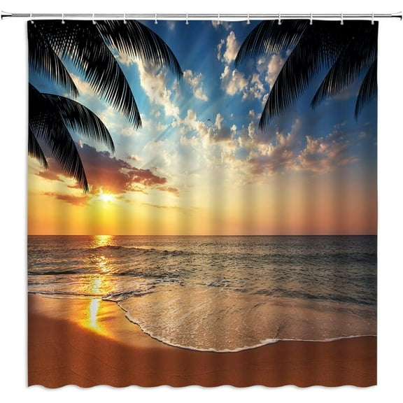 Sunset Beach Shower Curtain Tropical Palm Tree Hawaii Ocean Scenery Coastal Natural Waves Sunrise Seascape Orange Fabric Bath Curtain Bring the Beach Vibes Home Includes Hook
