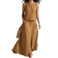 thumbnail image 3 of Summer Skirt Sets Women 2 Piece Outfits Sleeveless Top Elastic Waist Maxi Dress Sets with Pockets Brown L, 3 of 6