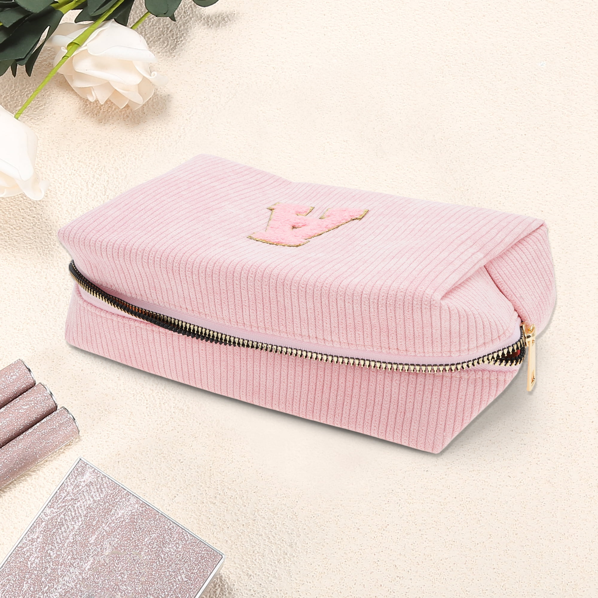 Unique Bargains 1 Pc Corduroy Rectangular Letter Makeup Bag Pink [Letter A]