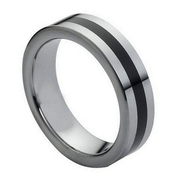 6mm Tungsten Carbide Pipe Cut with  Black Enamel Center Wedding Band Ring For Men or Ladies