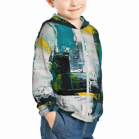 

Uemuo Abstract Brushstrokes Green Blue Pattern Rash Guard for Boys Girls Long Sleeve Swim Shirts UPF 50+ UV Sun Protection Hooded Fishing Shirt with Pocket for Kid-18 Months