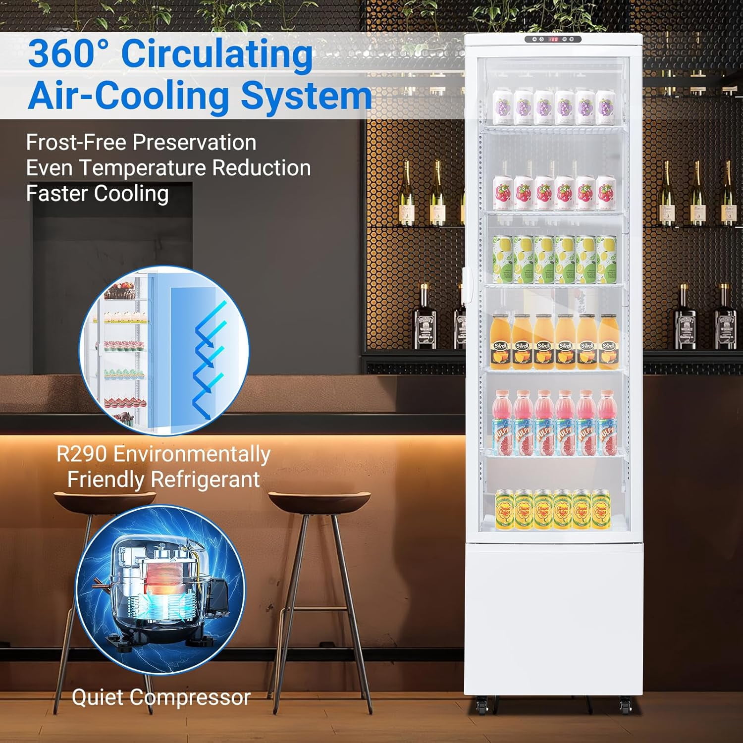 Homhougo Commercial Fridge Display Refrigerator, 10.9 Cubit Feet Beverage Cooler with Tempered Glass Door, Upright Merchandiser with 4 Castors, 5 Adjustable Shelves, Customizable Lightbox, 308L