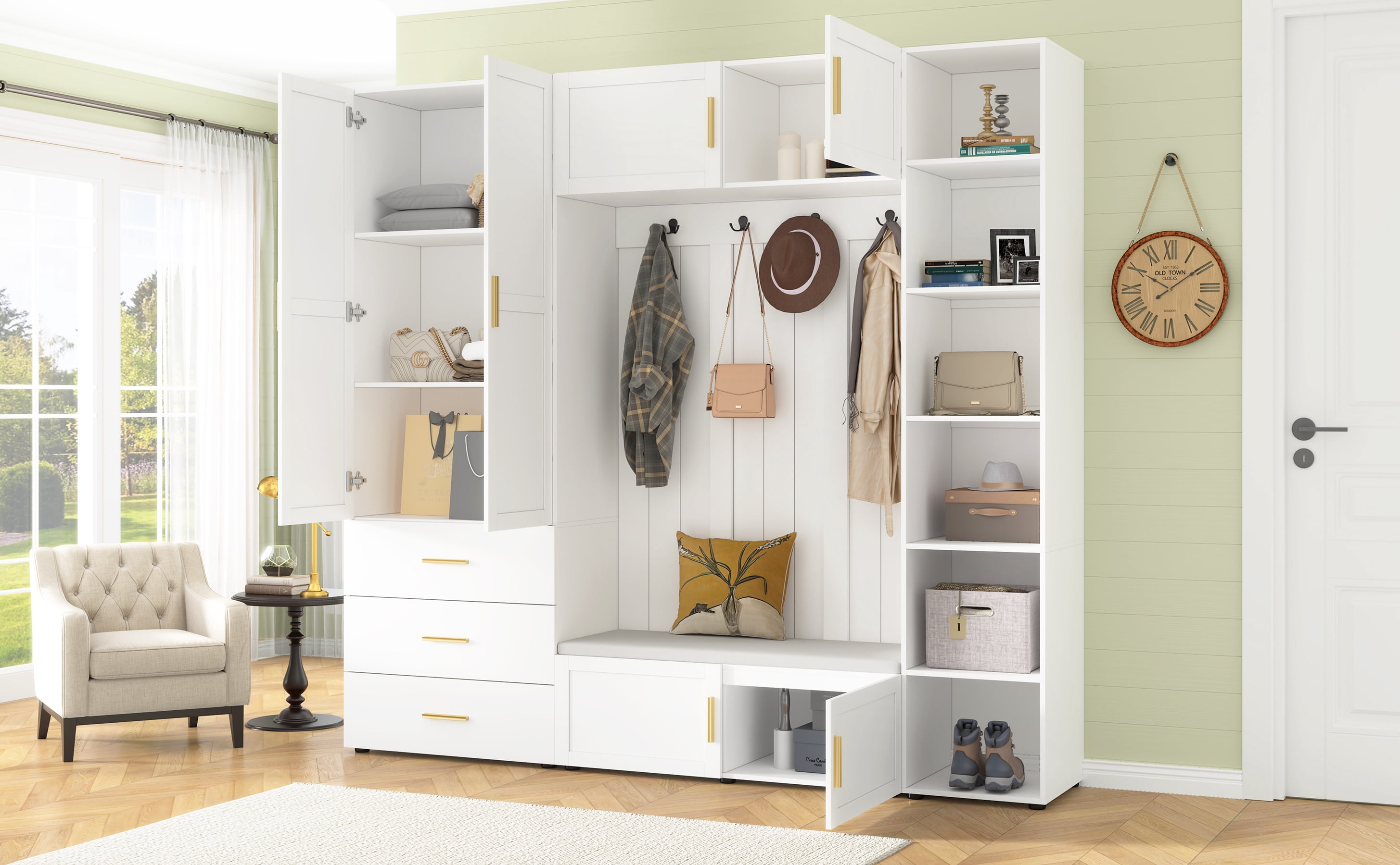 Mintazer 4‑in‑1 Hall Tree with Cushioned Shoe Bench & Hooks, Entryway Storage Organizer with Cabinets & Drawers, Adjustable Shelves for Mudroom Hallway, White