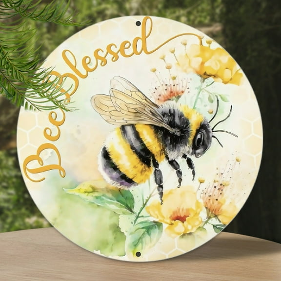 1pc 2d flat Bee Blessed BumbleBee Wreath SignBumble Bee Sign for Wreath, WreathSign,Be Blessed Sign,Summer Sign Metal Sign Wall Decor, 8x8 inch Wall Art Round Shaped Aluminum Sign, Garden Metal Sign f