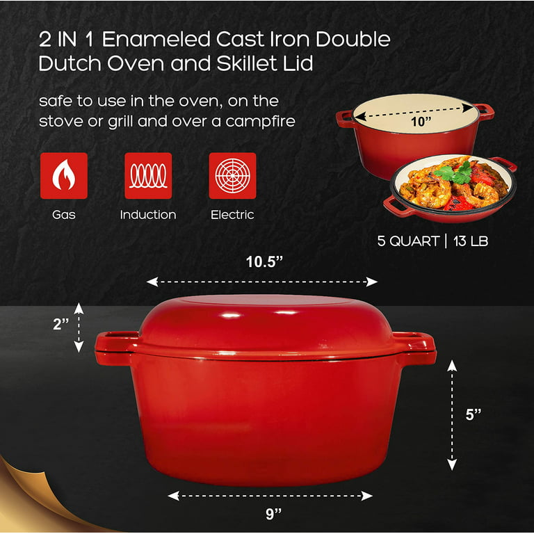5 Piece Enamel Cast Iron Set Red Cooking 10 Skillet 4 Qt Dutch Oven Lid  Durable