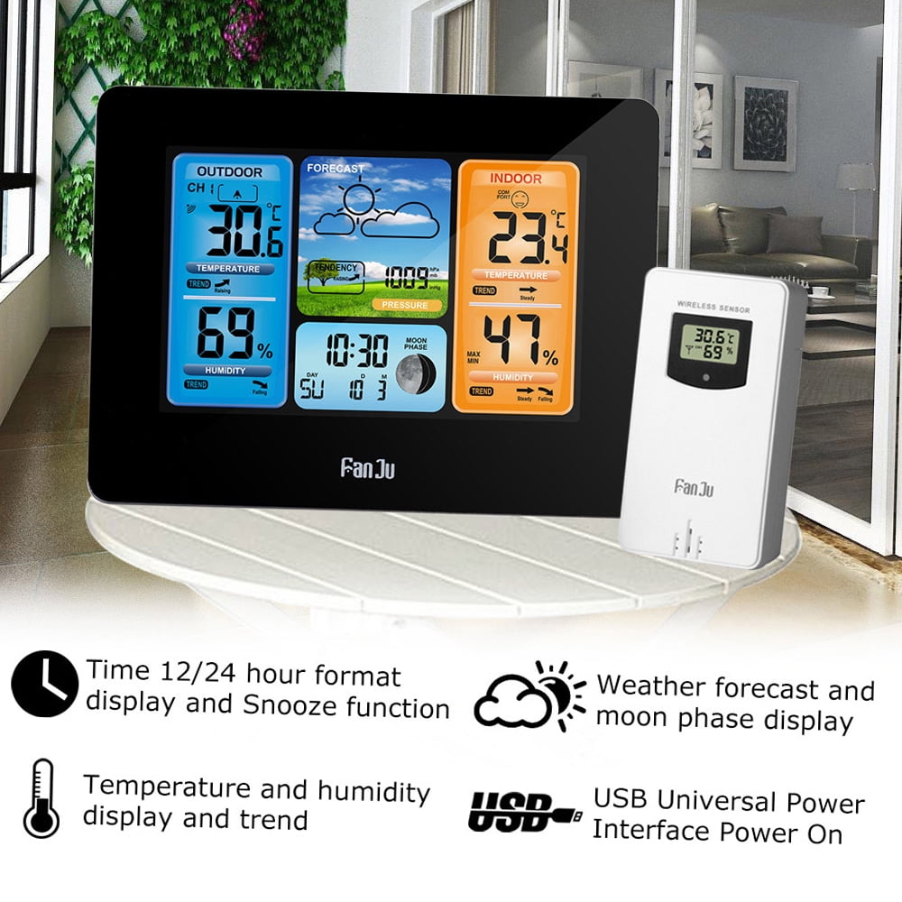 FanJu FJ3373 Multifunction Digital Weather Station LCD Indoor Weather Forecast Barometer Hygrometer with Wireless Sensor USBCord