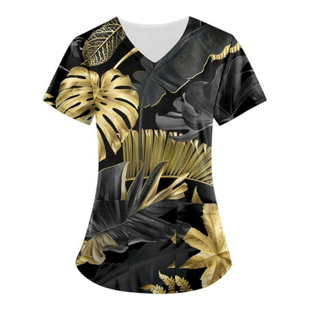 

Sksloeg Scrubs for Women Palm Printed Top Short Sleeve V-Neck Shirts Tee Tops with Pockets Nursing Working Uniform Black S