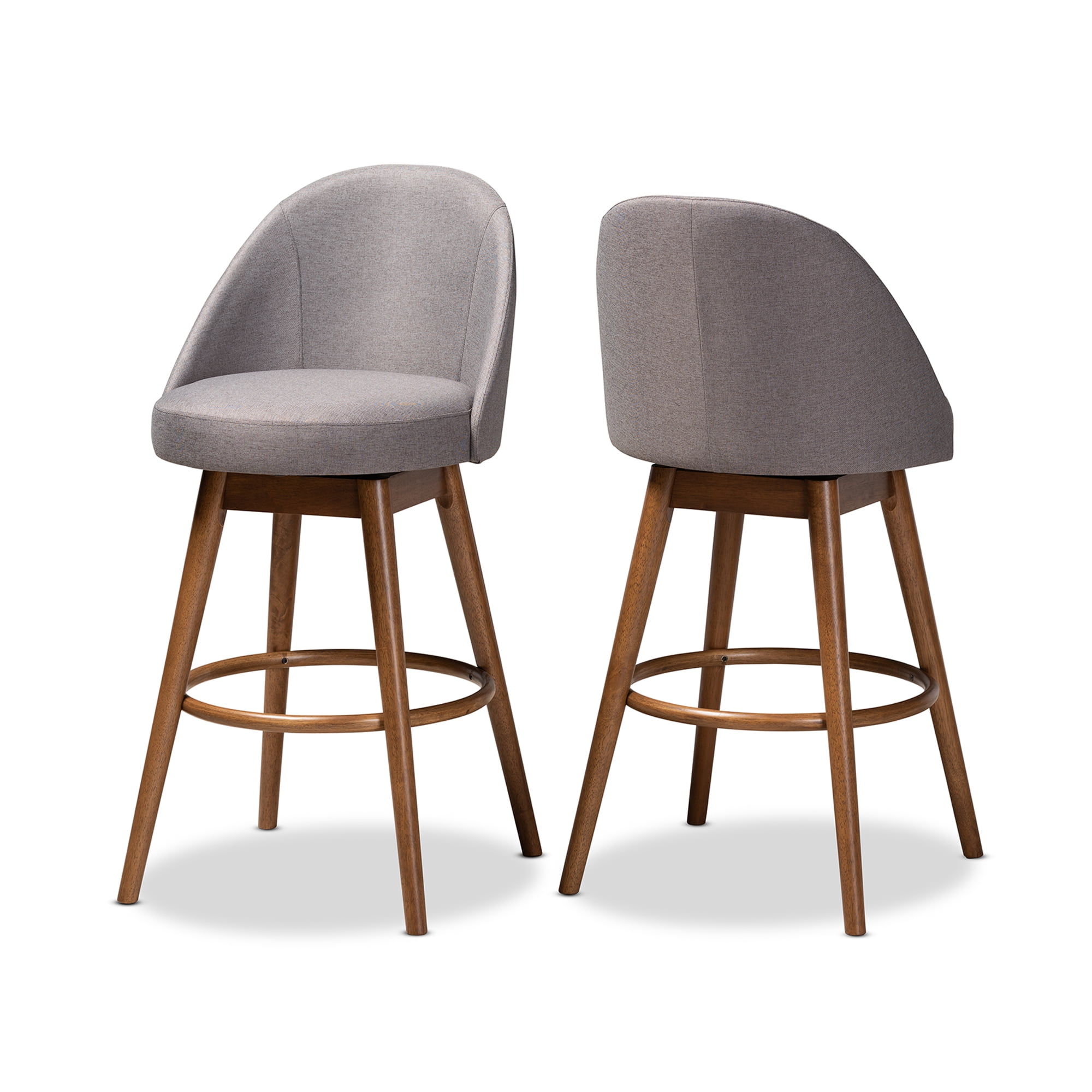 Set of 2 Baxton Studio Carra Mid-Century Modern Grey Fabric Upholstered Walnut-Finished Wood Swivel Bar Stool Set
