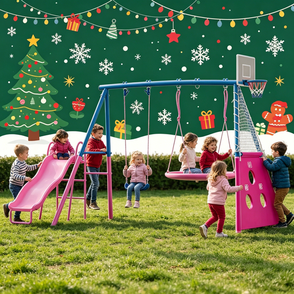 Heavy-Duty Metal Swing Set with Slide – Outdoor Kids Swing Set for Backyard, Holds Up to 440lbs, Ages 3-8,Pink,Blue