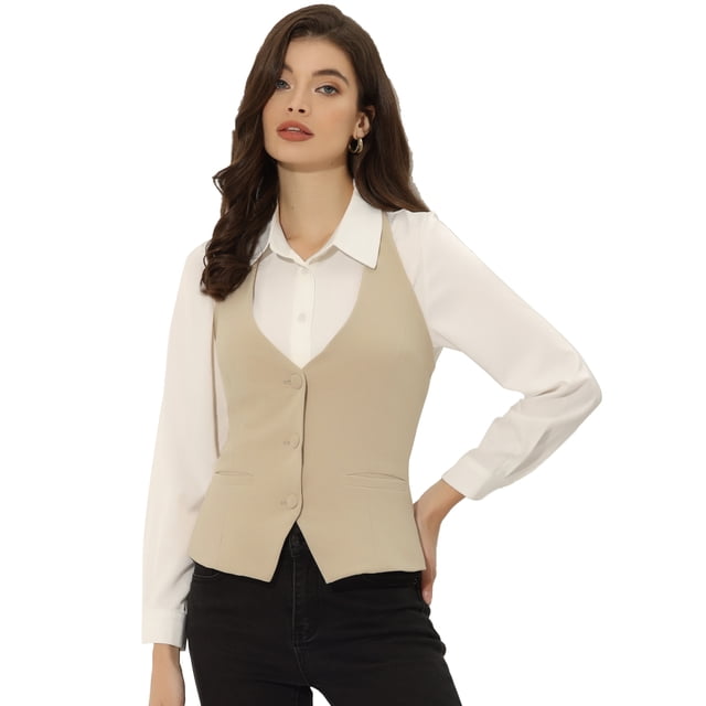 Chaleco de mujer con cuello halter, chaqueta sin mangas vintage con botones, chaleco de traje elegante Albaricoque XL