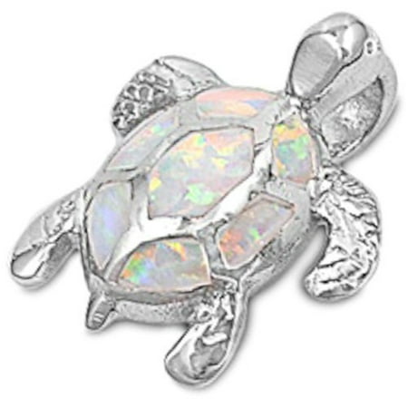 - White Fire Opal Turtle .925 Sterling Silver Pendant Necklace