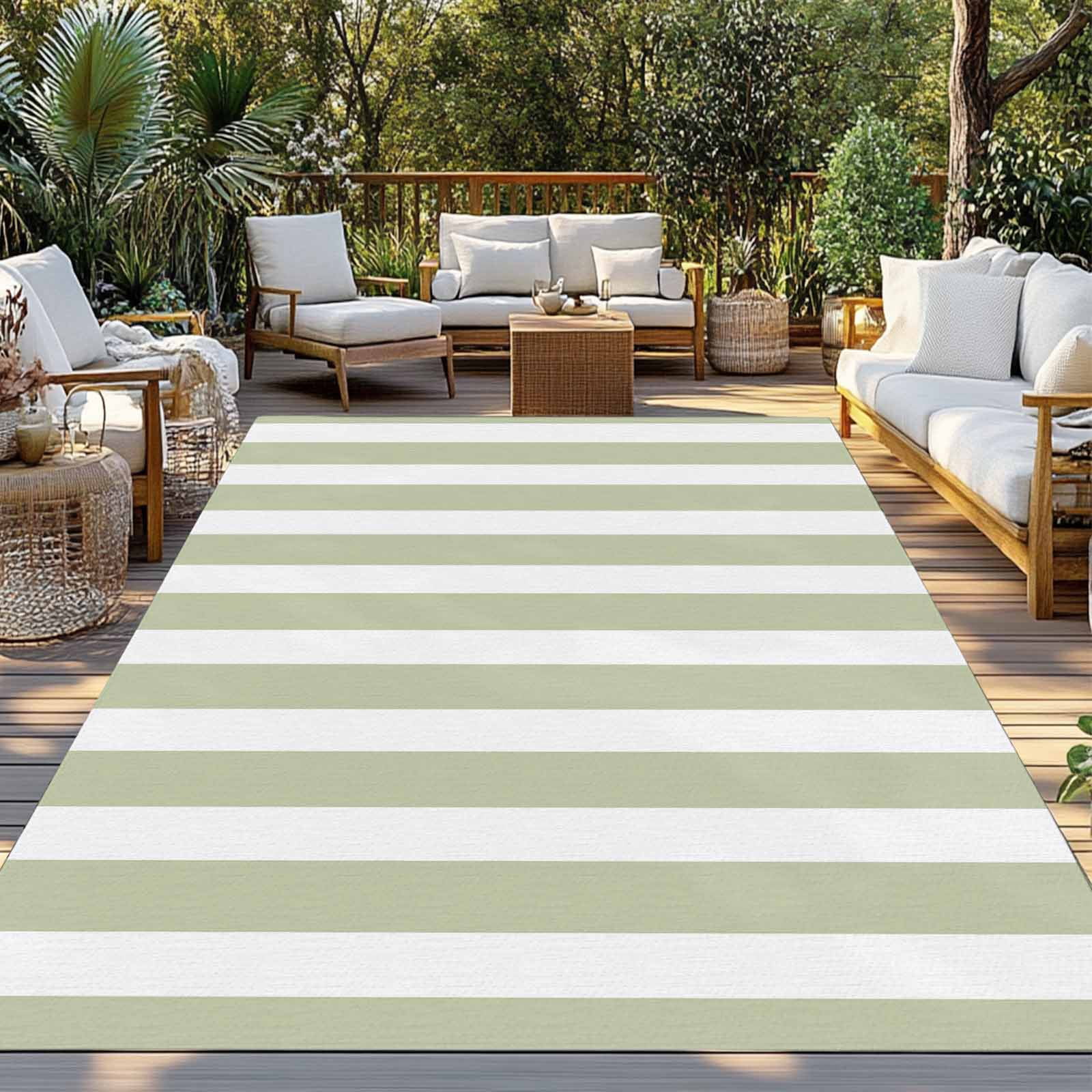 Outdoor Rug 4x6 ft Sage Green White Geometric Stripes Waterproof Outdoor Patio Rug Mat Non Slip Outside Area Rugs Carpet for RV,Camping,Porch,Deck,Pool,Balconybackyard,Minimalist Modern Art