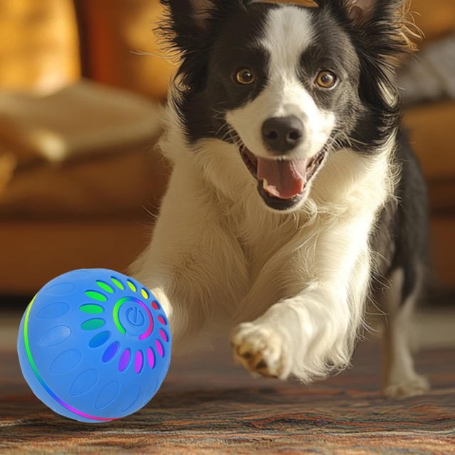 Pelota interactiva inteligente para perros, juguete automático con ruedas, carga USB, pelota de entrenamiento con luz colorida para jardín y césped. azul