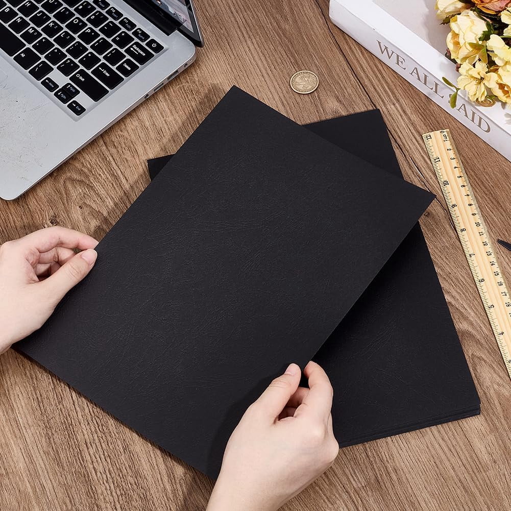 100 Pack 12 Mil Black Presentation Binding Covers 11.7x8.3 Inch A4 Leather Texture Paper Letter Size Un-Punched for Business Documents Reports Proposals Office School Black