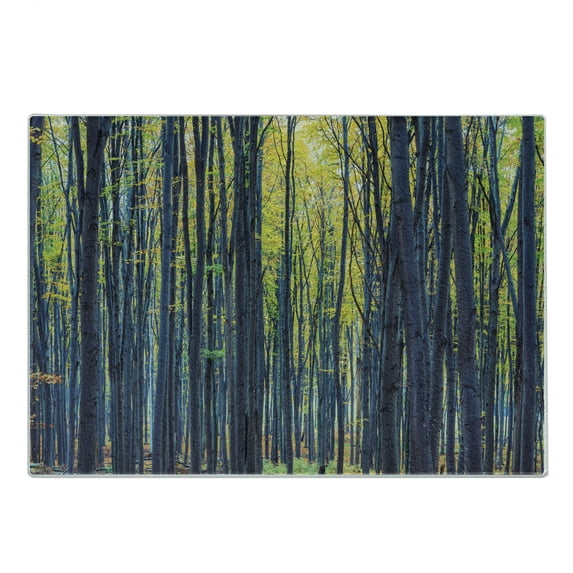 Fall Cutting Board, Beach Autumn Forest with Thin Deciduous Trees in European Wilderness Woodland Image, Decorative Tempered Glass Cutting and Serving Board, Small Size, Grey Green, by Ambesonne