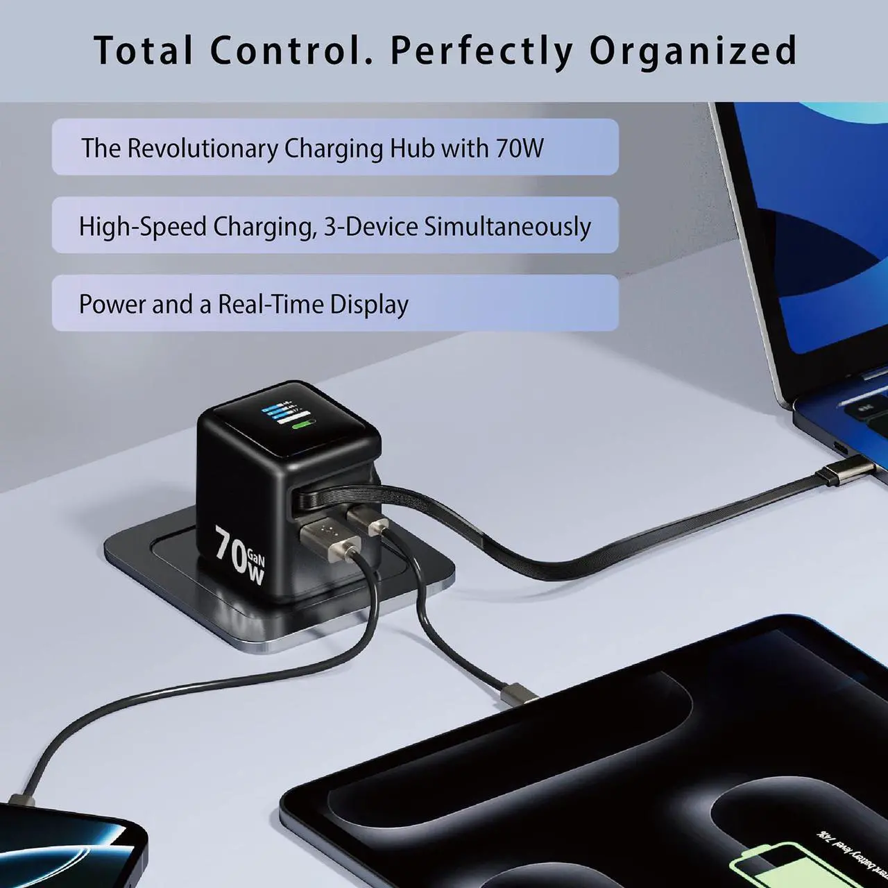 Rosewill 70W Retractable USB-C Wall Charger with Built-in Cable, 3-Port GaN 3 Fast Charging, Foldable Design & Real-Time TFT Display for MacBook, iPad, iPhone, Galaxy - Black