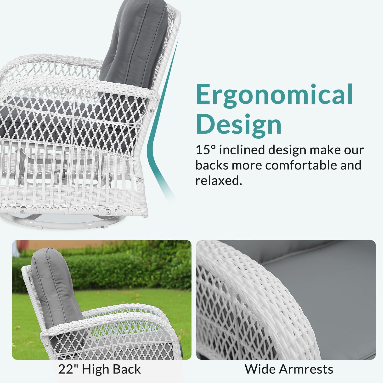 MEETWARM 3 Pieces Outdoor Wicker Swivel Rocker Patio Set, Rocking Chairs Rattan Patio Furniture Sets with Thickened Cushion and Glass-Top Coffee Table, Conversation Bistro Set, White Wicker/Grey