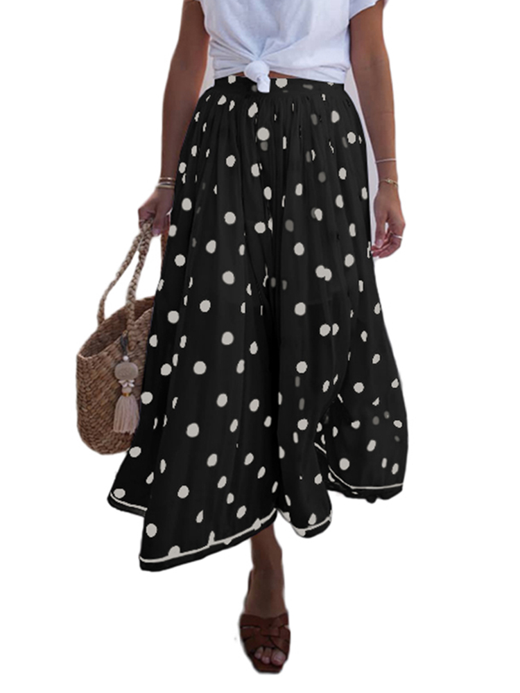 ZANZEA Women's Elastic Waist Dot Print A Swing Skirt Casual Loose Skirt