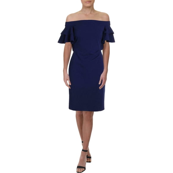 RALPH LAUREN Womens Navy Ruffled Zippered Flutter Off Shoulder Below The Knee Party Sheath Dress 4