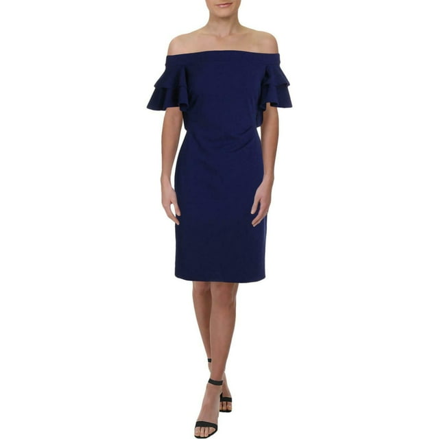 RALPH LAUREN Robe Fourreau de Fête pour Femmes Bleu Marine à Volants Zippée, Épaules Dénudées, sous le Genou, 4