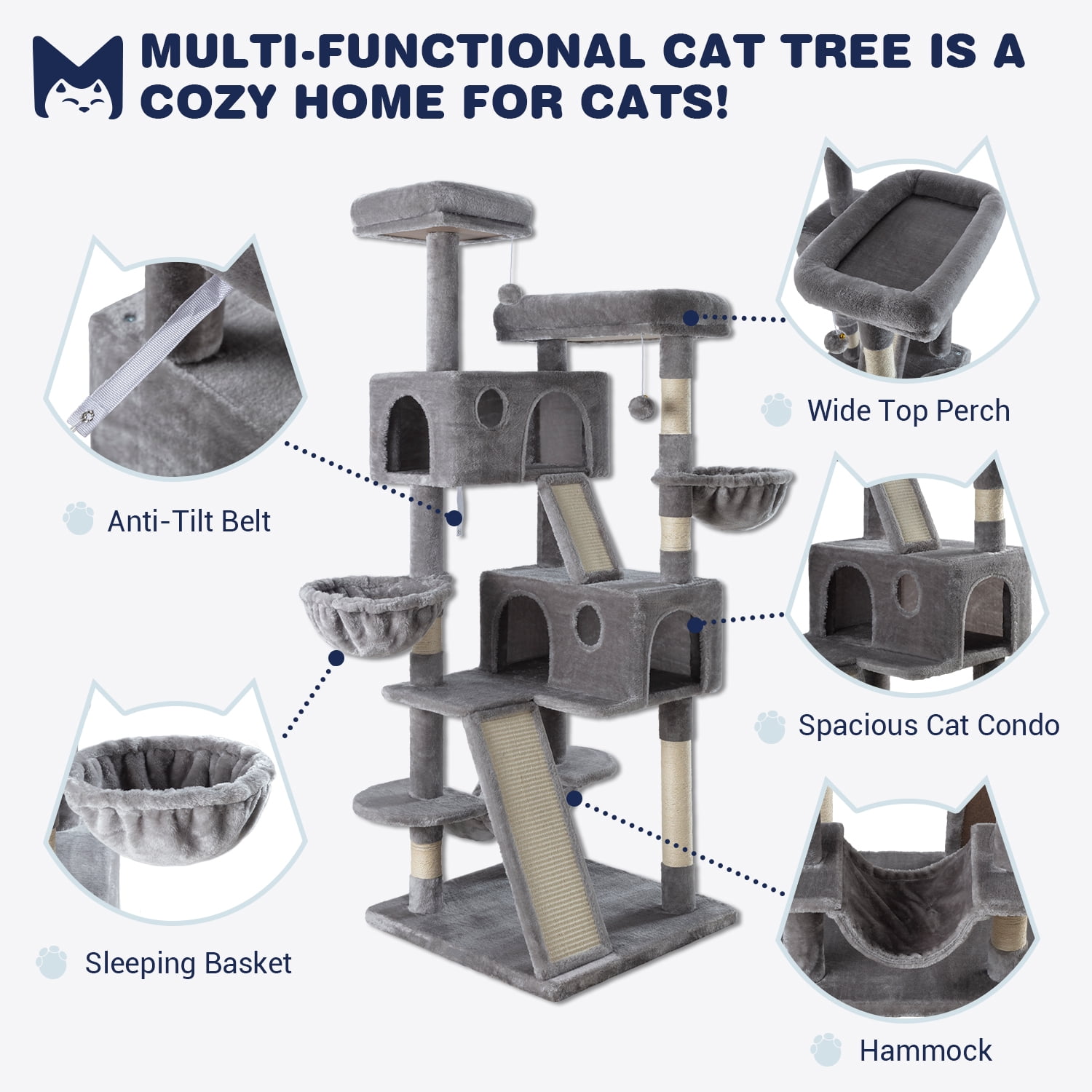 Sifurni 65.7" Large Cat Tree Tower Condo House for Cats with 2 Scratching Ramps, Hammock & Posts, Gray