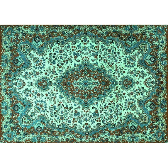 Ahgly Company Indoor Rectangle Medallion Turquoise Blue Traditional Area Rugs, 7' x 9'