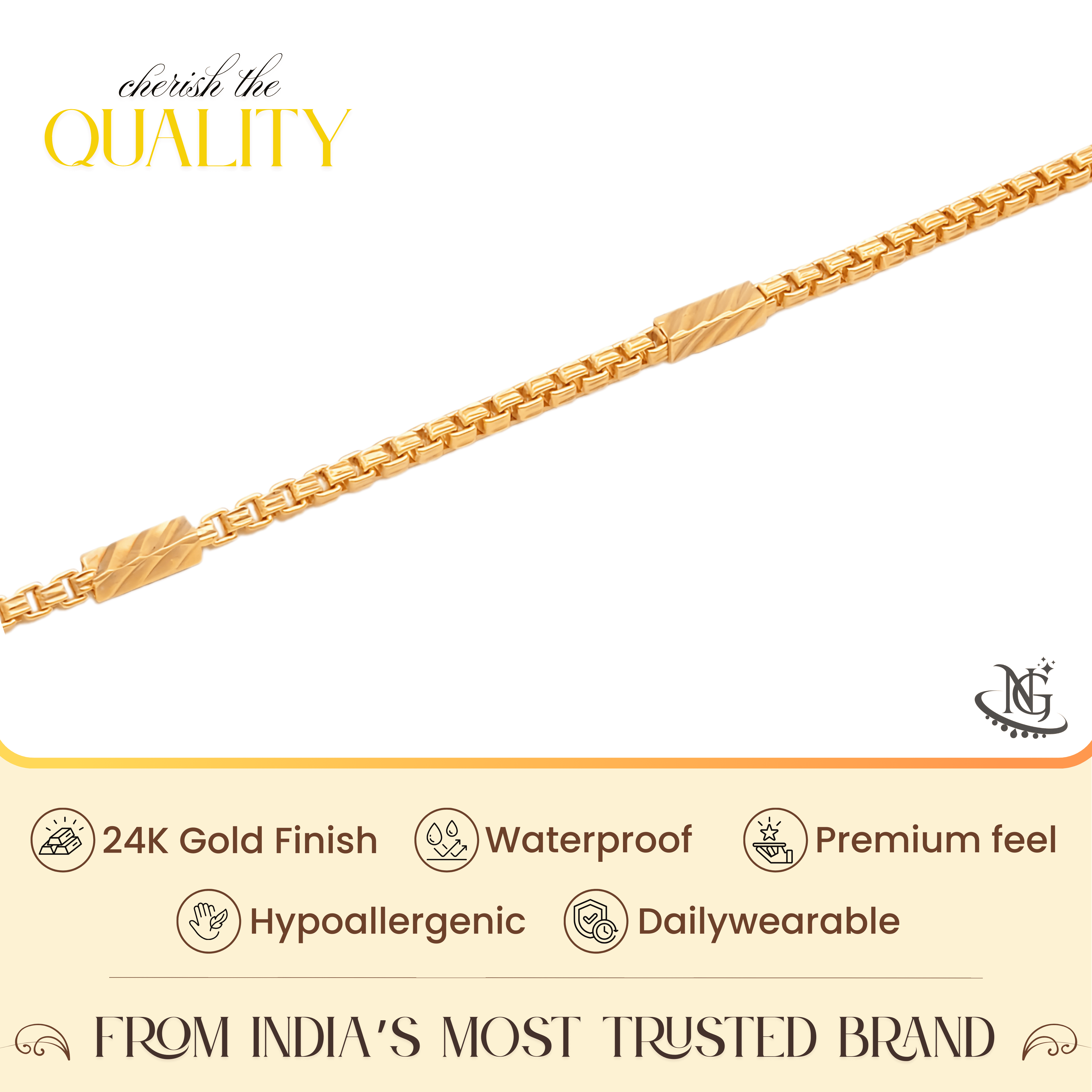 NISHU GOLD 24K Gold-Plated Chain Necklace, 18 Inch, Anti-Tarnish, Waterproof, Hypoallergenic