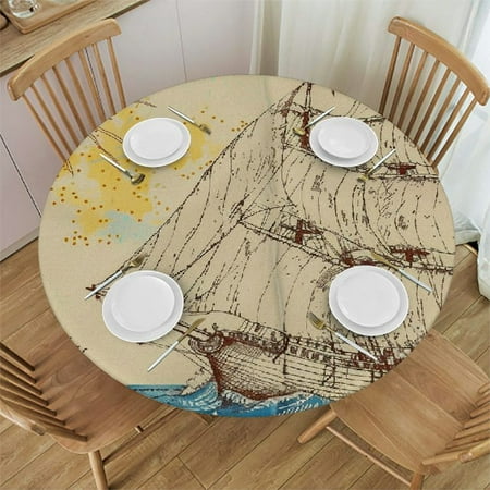 

Orinice Sailboat Ocean Sun Round Table Cover Stain Resistant Washable Indoor Outdoor Tablecloth Kitchen Dining Wedding Parties Elastic Edge 100% Polyester Fiber 42-46