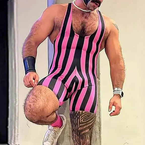Wancir Mens Striped Wrestling Singlet Bodysuit One Piece Swimsuit Stretchy Base Layers Pajamas Leotard Athletic Jumpsuit