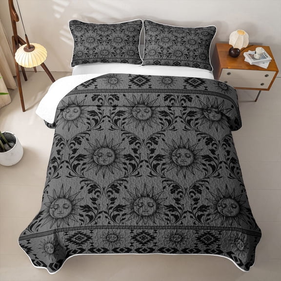 Homewish Boho Sun Moon Twin Quilt Set, Victorian Damask Aztec Twin Coverlet Set, Gray Black, 2 Pieces 1 Bedspread and 1 Pillowcase