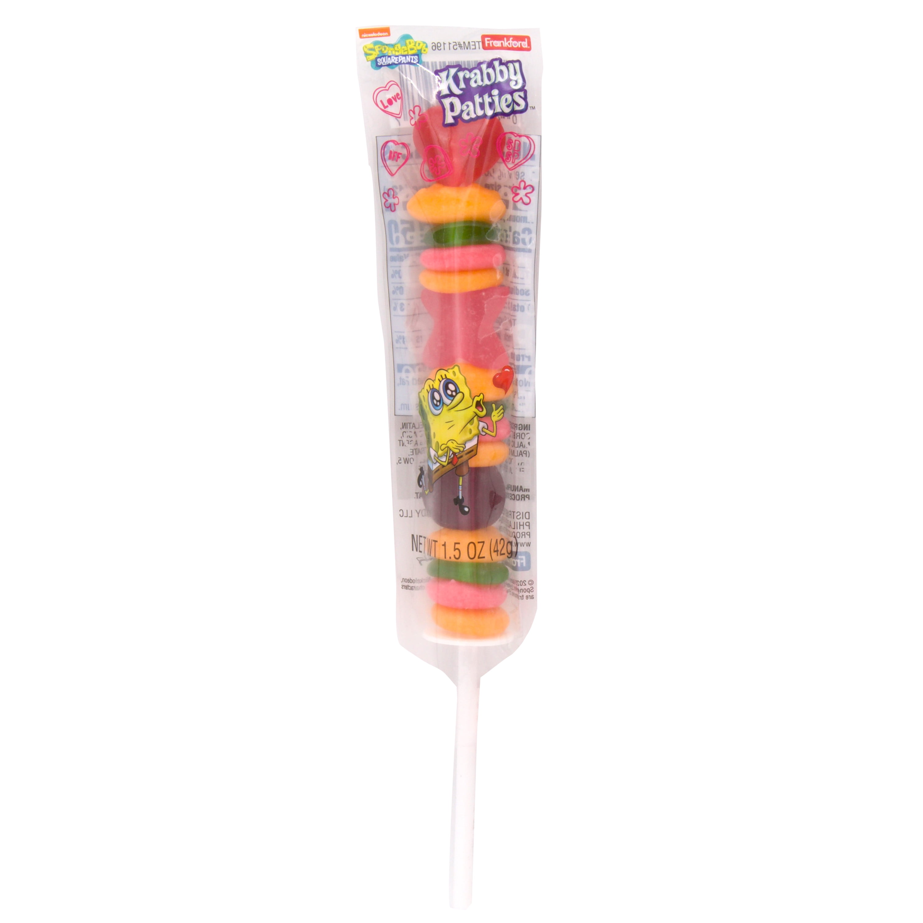 Frankford Nickelodeon SpongeBob Krabby Patty Valentine's Gummy Candy Kabob 1.5oz