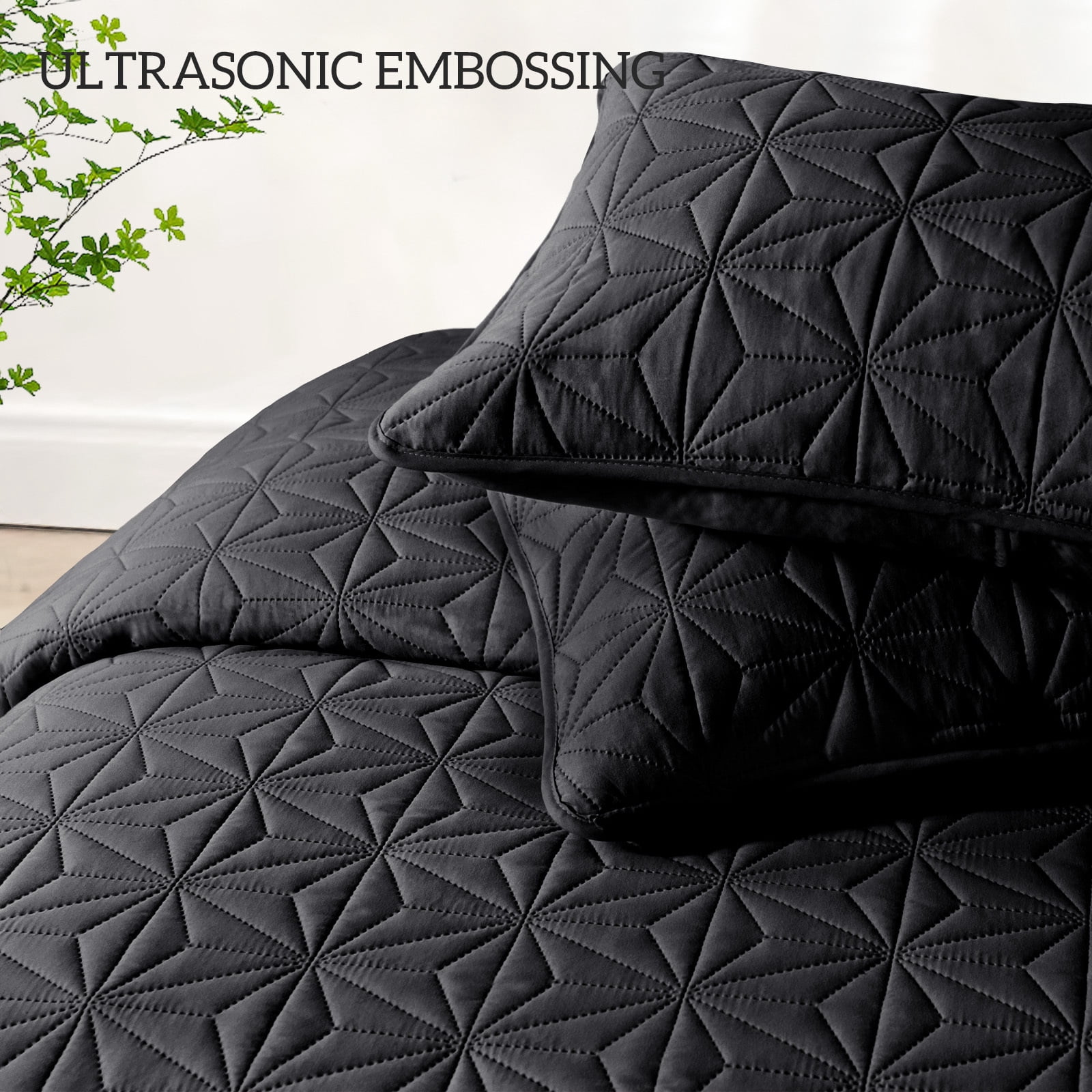 Whale Flotilla Microfiber California King 104"x 112" Quilt Set Lightweight Quilted Bedspreads Coverlets Set with Stars Pattern, Black