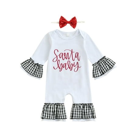 

WenaZao Baby Girl’s Letter Plaid Ruffle Long Sleeve Jumpsuit with Headband