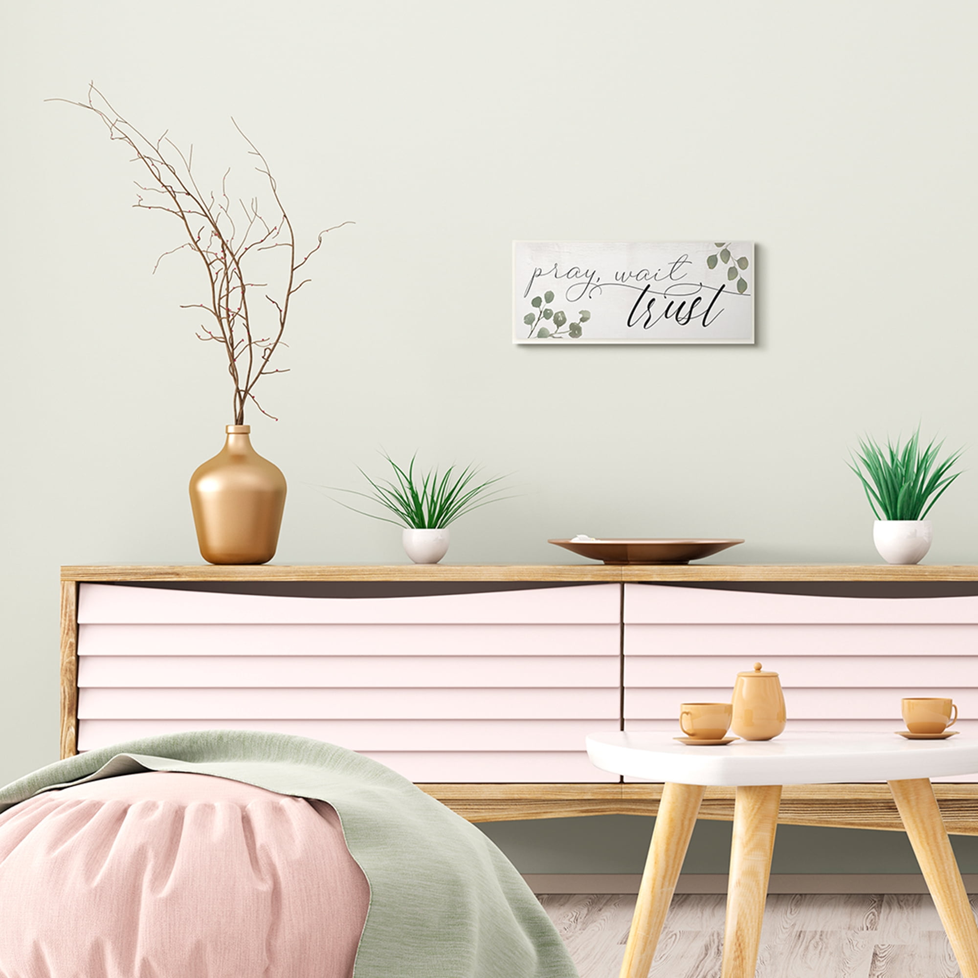 Stupell Industries Pray Wait Trust Phrase Peaceful Eucalyptus Branches Inspirational Painting Unframed Art Print Wall Art, 7 x 17