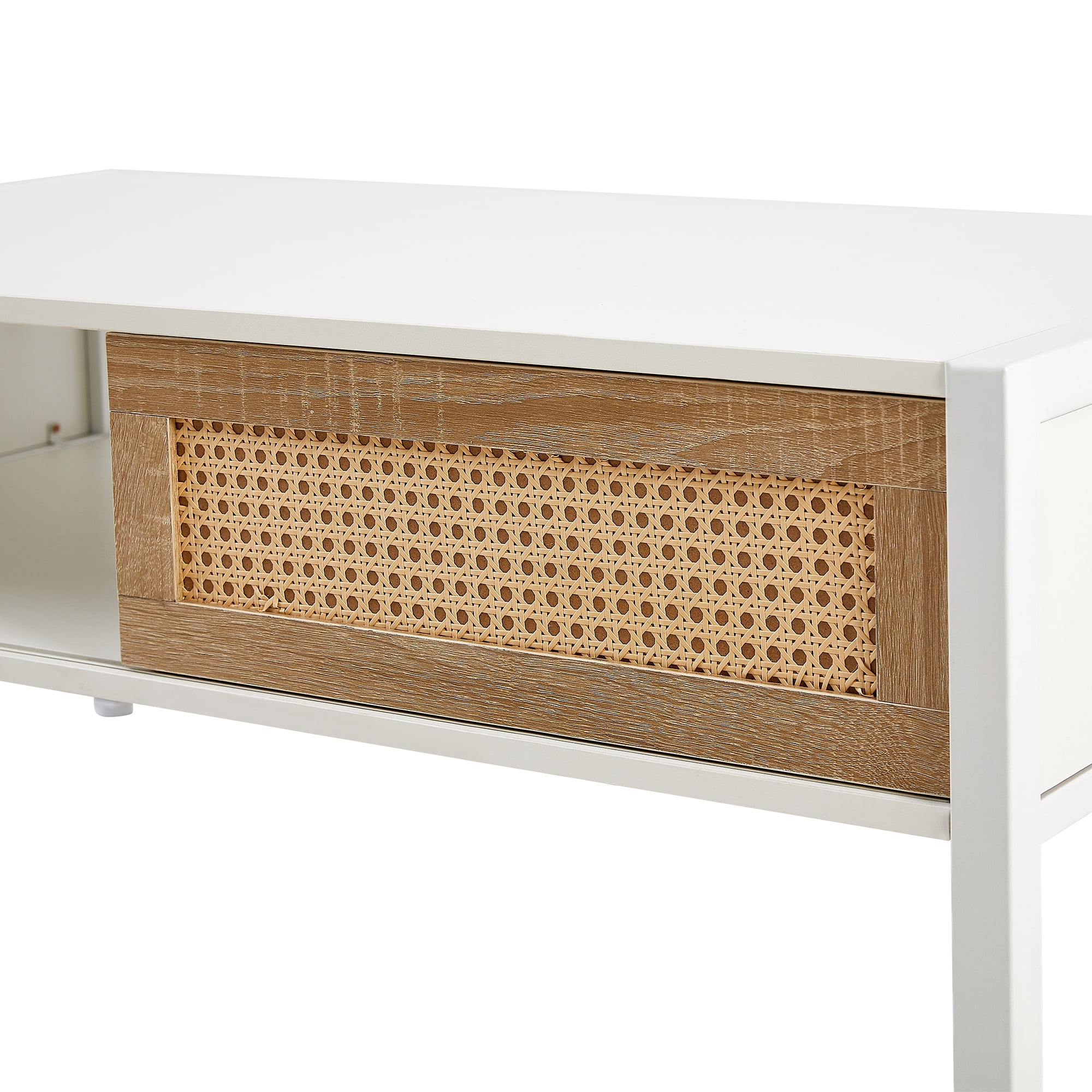 Rattan Coffee Table, Storage Coffee Table, Modern Living Room Table with Sliding Rattan Door, MDF Body and Metal Legs, 220LBS Capacity, 40.16" L x 21.26" W, White