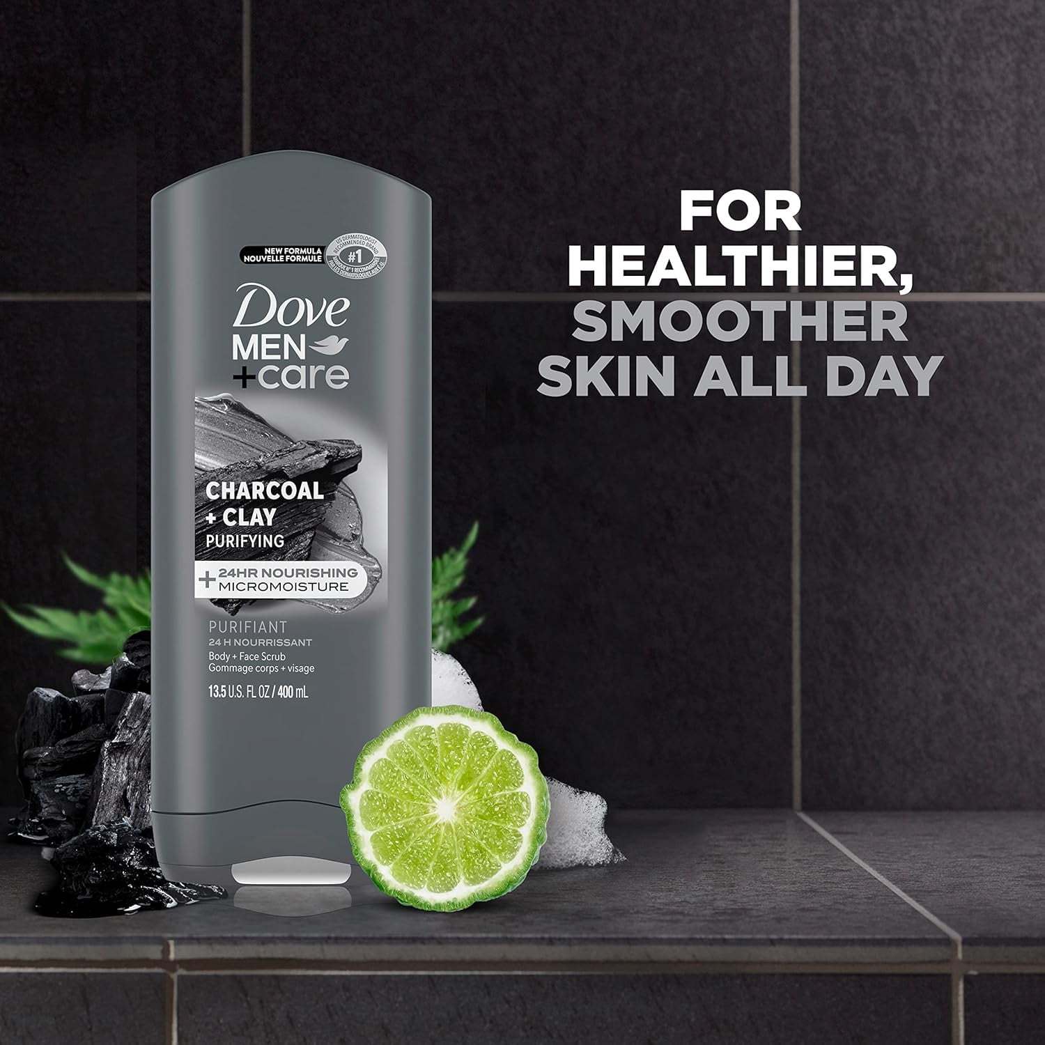 Pack of (3) DOVE MEN + CARE Purifying Charcoal + Clay Body and Face Wash with 24-Hour Nourishing Micromoisture Technology Body Wash for Men, 13.5 oz