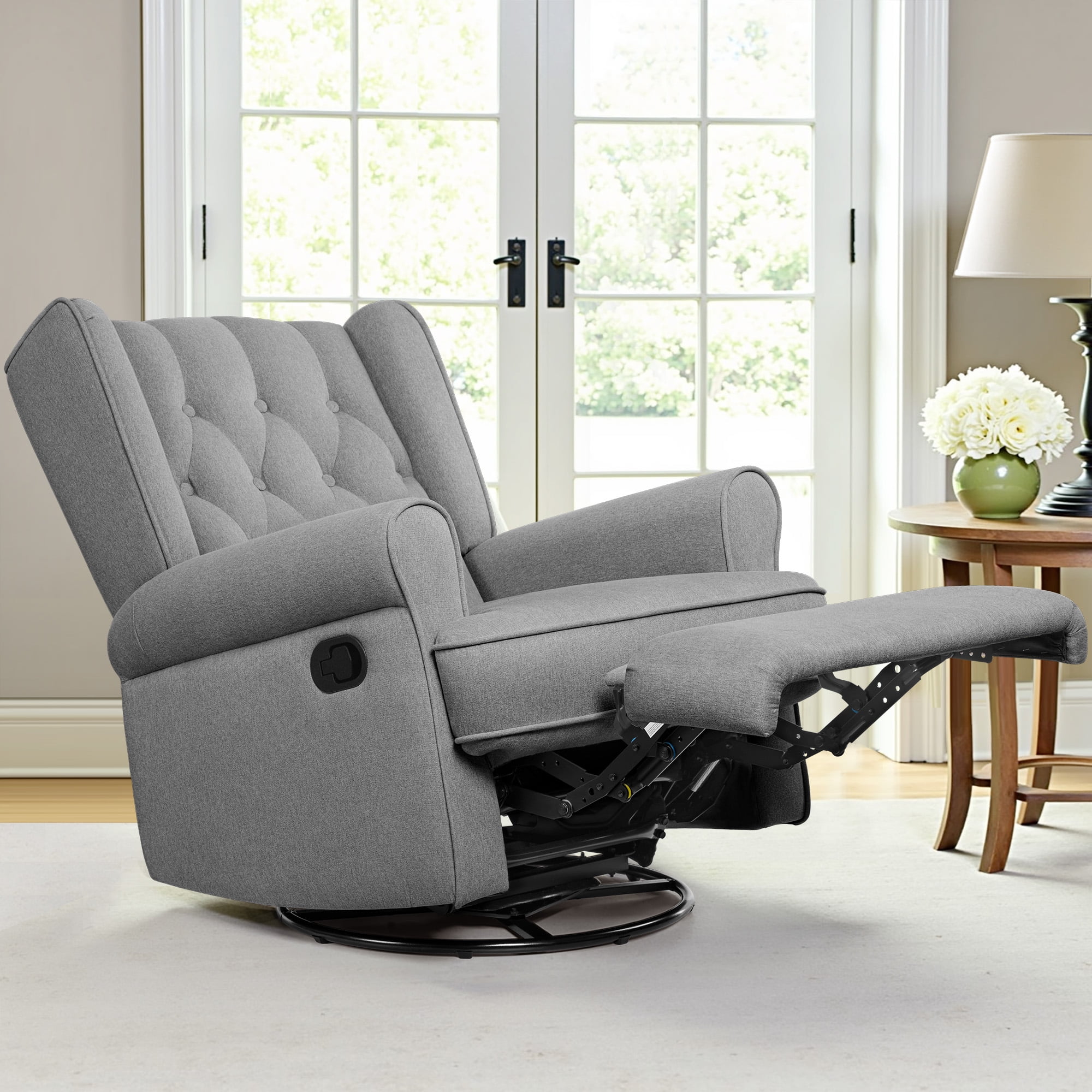 COOLHUT Swivel Rocker Recliner Chair for Adults, Glider Recliner Chairs with Comfy Linen Fabric, Wing Back Accent Chair with Lumbar Support & Overstuffed Arms for Living Room & Home Teatre, Gray
