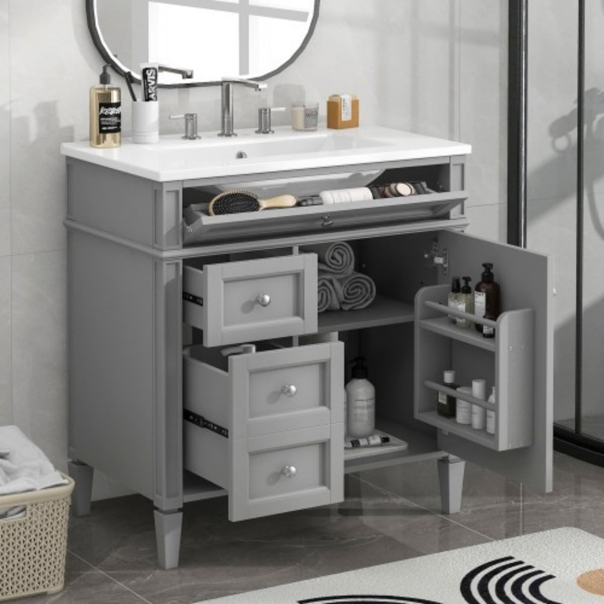 30" Bathroom Vanity with Sink, Modern Freestanding Bathroom Vanity Cabinet with Ceramic Sink, 3 Drawers & Tip-Out Drawer, Adjustable Shelf, White Storage Cabinet, Grey
