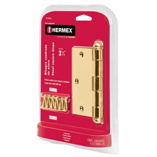 bisagra ace. latonado 3'' cabeza redonda blister hermex 43240 bisagra de acero latonado color dorado en empaque blister, vista frontal con hoja rectangular y perno suelto de cabeza redonda, incluye tornillos visibles; indicada para puertas pesadas en carpintería y adecuada también para muebles pesados.