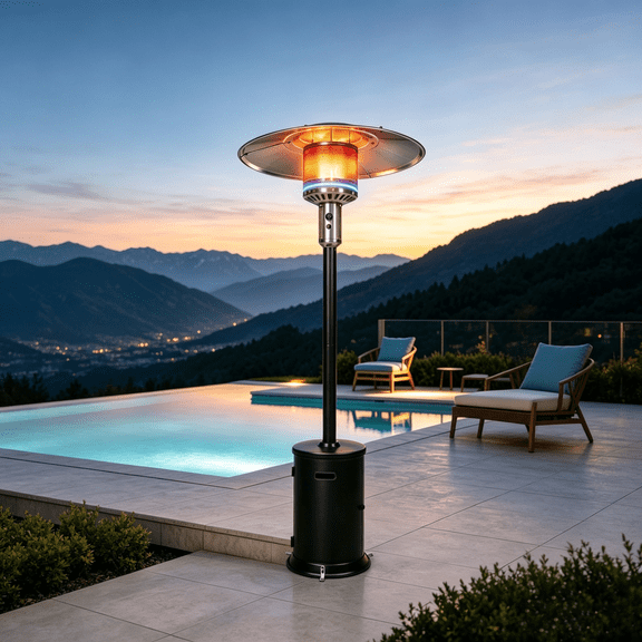 Outdoor Propane Patio Heater 47000 BTU, Standing Gas Heater with Double-Layer 304 Stainless Steel Burner, Round Table Design, Wheels & 20-Foot Heat Radius for Backyard, Deck, Black