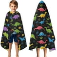 thumbnail image 3 of Black Cartoon Colorful Dinosaurs Plants Pattern Hooded Bath Towel，50"x30" for Ages 3 To 12 Kids, Quick Dry Lightweight Soft Microfiber Hood Beach Towel Cover Up for Kids, 3 of 7