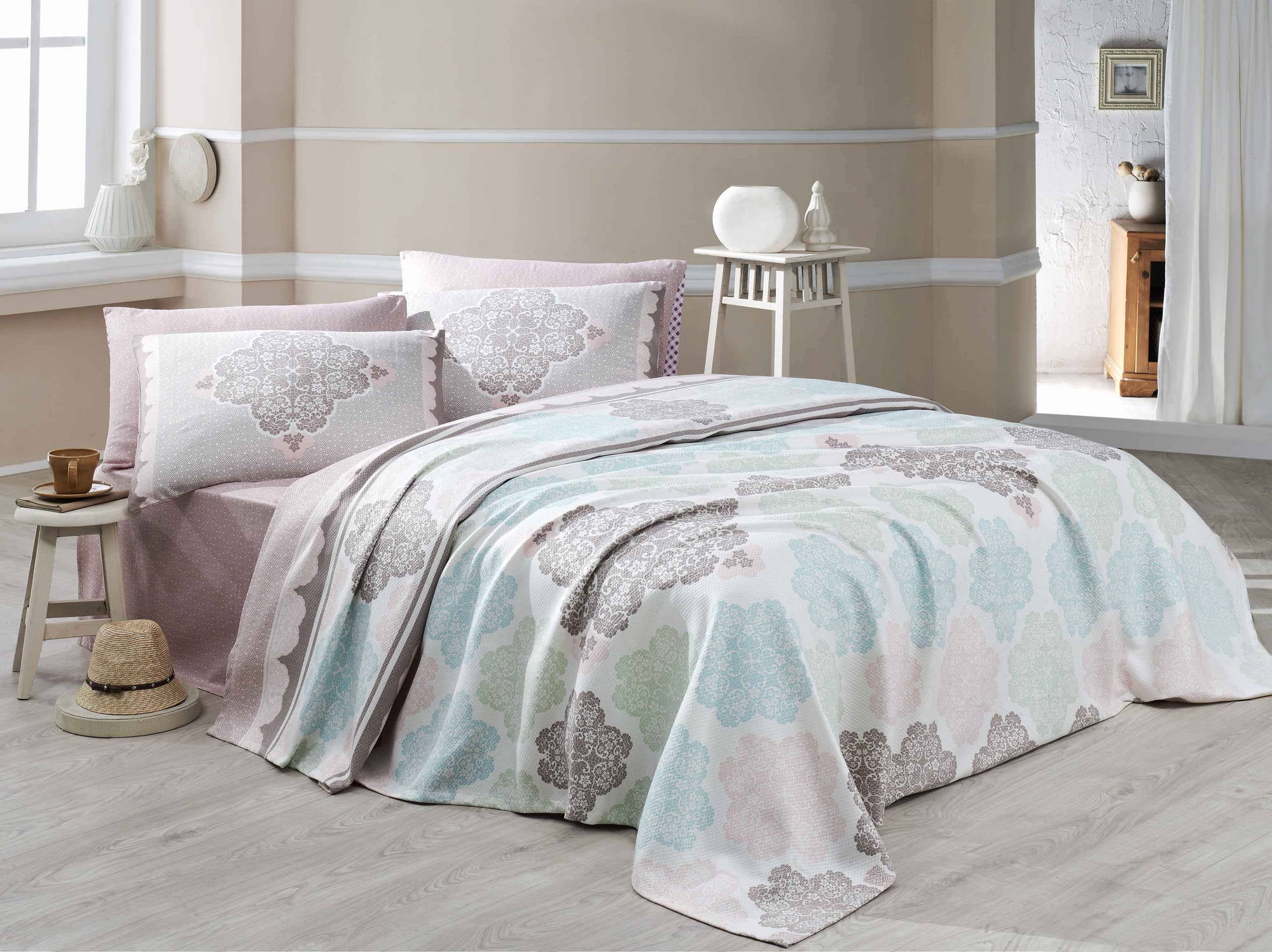 100 Cotton Blue Coverlet Set, Assorted Sizes