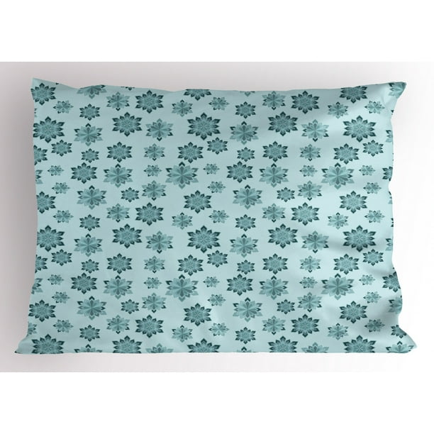 Teal Pillow Sham Wintertime Inspiration Ornate Abstract Snowflakes in